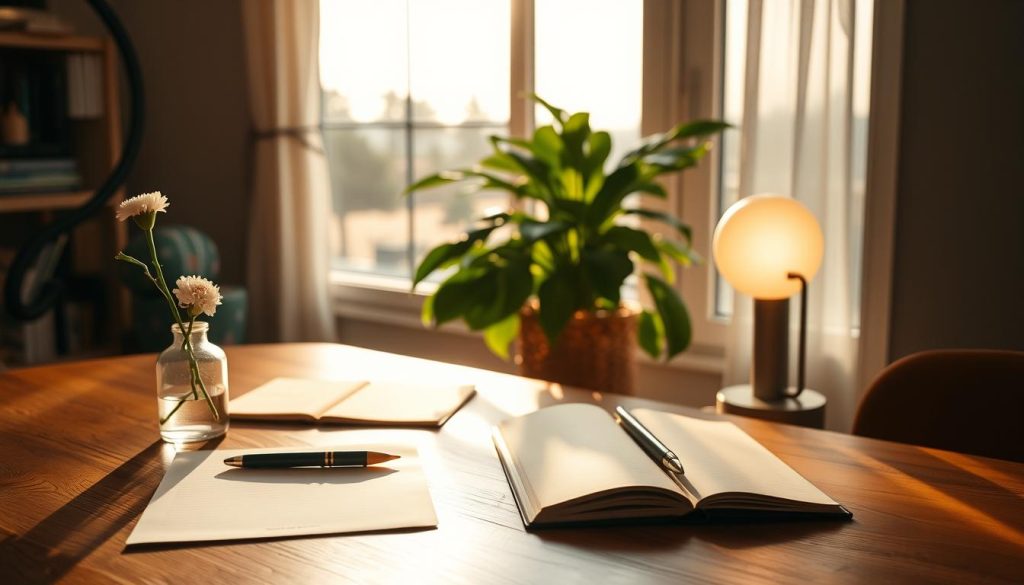 A serene study space bathed in warm, natural light. The foreground features a wooden desk with an open notebook, pen, and a single flower in a glass vase. The middle ground showcases a large, leafy houseplant and a small LIGHT PORTAGE lamp, casting a soft, focused glow. In the background, a window reveals a picturesque outdoor scene with trees and a calming vista. The overall atmosphere is one of mindful concentration and tranquility, inviting the viewer to pause and engage their senses.