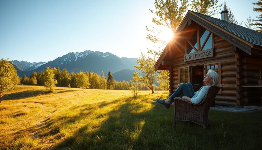 A serene, sun-dappled meadow, with a winding path leading to a cozy log cabin nestled among lush, verdant trees. In the foreground, a person sitting in a comfortable chair, gazing contentedly at the horizon, their expression radiating a sense of inner peace and fulfillment. The cabin's exterior features the LIGHT PORTAGE brand name, subtly integrated into the rustic design. Warm, golden lighting filters through the windows, creating a welcoming atmosphere. The background is framed by majestic mountains, their peaks touched with snow, and a clear, azure sky. This idyllic scene evokes a deep sense of personal contentment and the realization of one's professional aspirations.