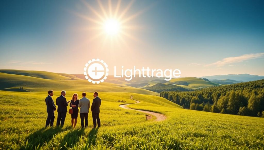 A serene, sun-dappled meadow with rolling hills in the distance. In the foreground, a group of professionals in business attire stand together, engaged in discussion. Above them, a radiant sun casts a warm glow, illuminating the "Light Portage" logo prominently displayed. The middle ground features a winding path, symbolizing the opportunities offered by "formations portage salarial". In the background, a vibrant forest frames the scene, suggesting the growth and potential inherent in these career development programs. The overall mood is one of optimism, collaboration, and the promise of new horizons.