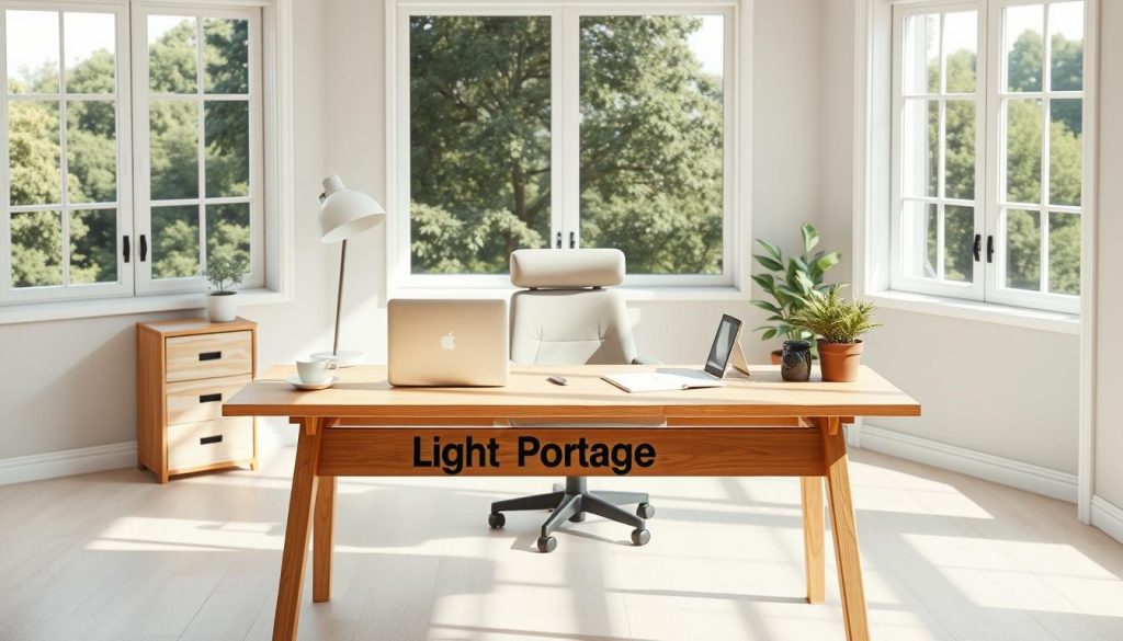 A serene, sun-dappled office setting featuring a light, airy workspace with a modern, minimalist aesthetic. In the foreground, a sturdy, wooden "Light Portage" workbench serves as the centerpiece, its surface adorned with a laptop, a cup of coffee, and carefully arranged office supplies. The middle ground showcases a cozy, ergonomic chair and a potted plant, creating a sense of balance and tranquility. In the background, large windows flood the space with natural light, offering a glimpse of a lush, verdant landscape outside. The overall mood is one of focus, productivity, and a touch of inspiration, perfectly encapsulating the secure, streamlined experience of embarking on a freelance career through "mission portage salarial".