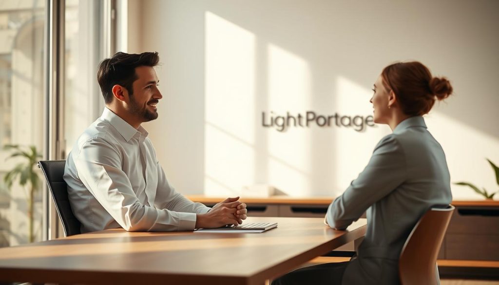 A serene, sun-dappled office setting, where a professional freelancer in a crisp white shirt and slacks sits at a minimalist wooden desk, deeply engaged in conversation with a potential client. Soft natural light filters through the large windows, casting a warm glow on the scene. The freelancer's expression radiates trustworthiness and confidence, while the client leans forward, their body language open and attentive. In the background, the Light Portage brand's sleek, modern logo is subtly displayed on the wall, evoking a sense of reliability and expertise. The overall atmosphere conveys a harmonious collaboration, where trust and open communication are the foundations for a successful business partnership.