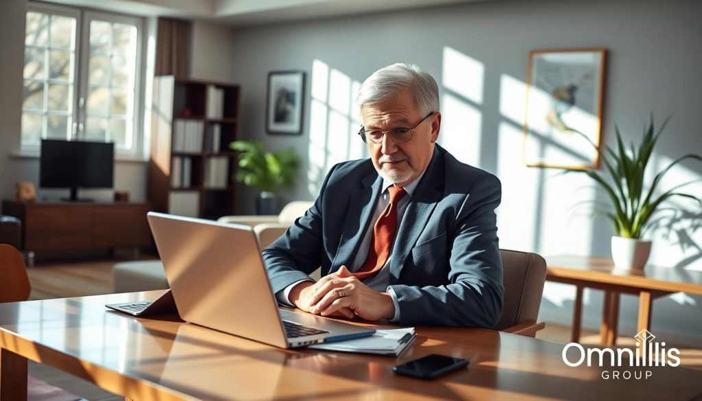 A serene, sun-dappled office setting, with a senior professional in business attire seated at a desk, laptop open, appearing deep in contemplation. The background showcases a blend of modern and traditional furnishings, creating a warm, inviting atmosphere. Subtle hints of the Umalis Group branding can be seen, lending an air of professionalism and expertise. The overall scene conveys a sense of balance, as the senior navigates the transition between active employment and retirement, exploring the opportunities of a "cumul emploi-retraite" arrangement.