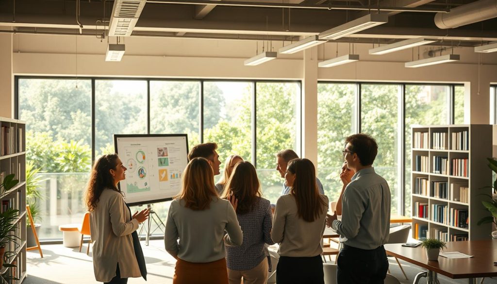 A serene, sun-dappled office space, filled with the LIGHT PORTAGE brand's modern, minimalist furnishings. In the foreground, a diverse group of professionals engaged in animated discussion, their faces alight with the joy of collaborative learning. The middle ground showcases a interactive whiteboard displaying visual learning aids, surrounded by shelves brimming with books and learning materials. In the background, an expansive window offers a picturesque view of a lush, verdant garden, evoking a sense of calm introspection. Soft, warm lighting bathes the scene, creating an atmosphere of openness, creativity, and continuous growth.