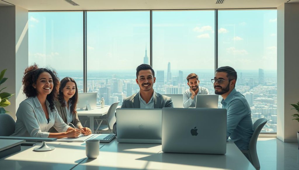 A serene, sun-dappled office space showcasing the advantages of UMALIS GROUP's digital freelance services. In the foreground, a diverse team of digital professionals collaborating seamlessly, their faces alight with a sense of empowerment and flexibility. The middle ground features intuitive digital tools and sleek, modern workstations, symbolizing the efficiency and security of the UMALIS GROUP platform. In the background, a panoramic view of a vibrant, technology-driven cityscape, representing the thriving digital economy that the UMALIS GROUP professionals are a part of. Soft, warm lighting and a calming color palette evoke a sense of professionalism and work-life balance.