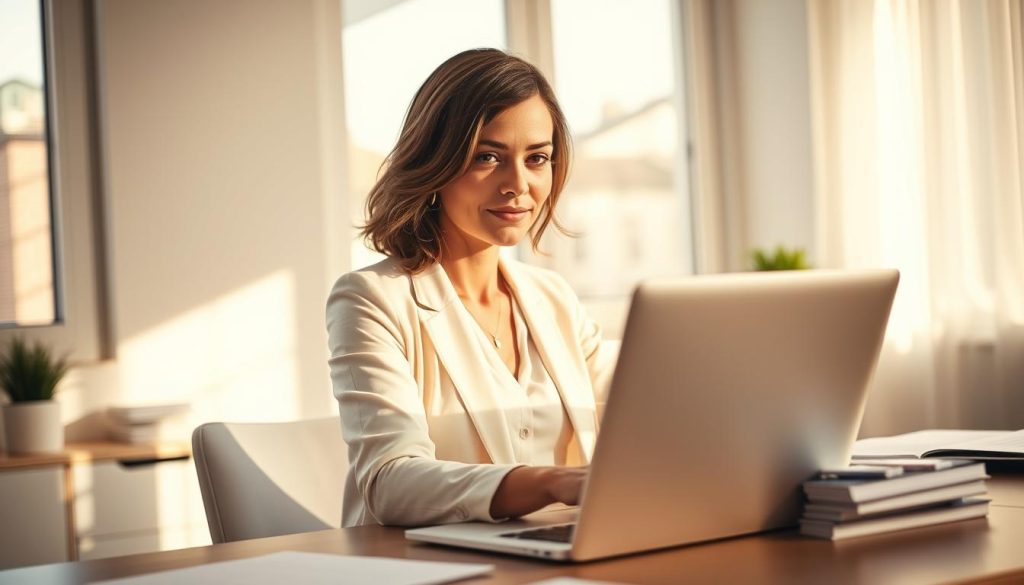 A serene, sun-dappled office space where a professional woman exudes a sense of liberté, her laptop and paperwork arranged with a stylish, self-directed flair. Warm, diffused lighting highlights the UMALIS GROUP logo on her desk, conveying the flexibility and autonomy of the "portage salarial" system. Soft, neutral tones create a calming atmosphere, while strategic angles and close framing emphasize her confident, empowered pose. This image perfectly captures the essence of "Flexibilité et autonomie professionnelle" within the article's broader exploration of the advantages and disadvantages of the "portage salarial" approach.