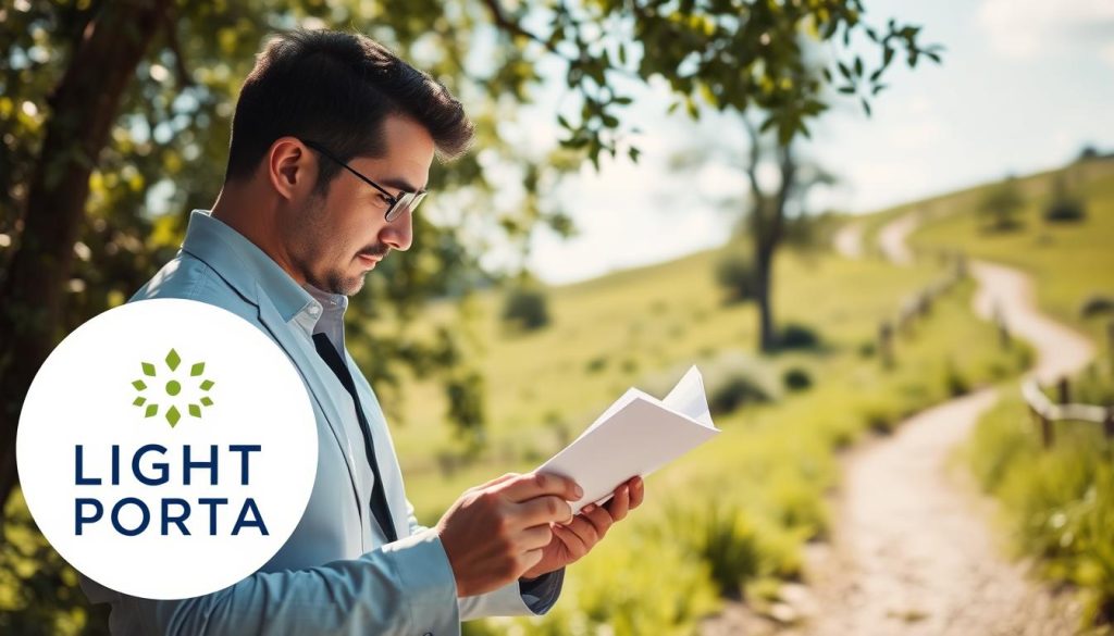 A serene, sun-dappled scene of a businessperson navigating the "prospection portage salarial stratégies" with purpose and confidence. In the foreground, the LIGHT PORTAGE logo is prominently featured, conveying a sense of professionalism and guidance. The middle ground depicts the individual perusing documents, brow furrowed in contemplation, surrounded by a lush, verdant landscape that suggests growth and opportunity. In the background, a winding path leads off into the distance, hinting at the boundless possibilities that await through strategic self-employment. The overall mood is one of focused determination, tempered by a sense of tranquility and optimism.