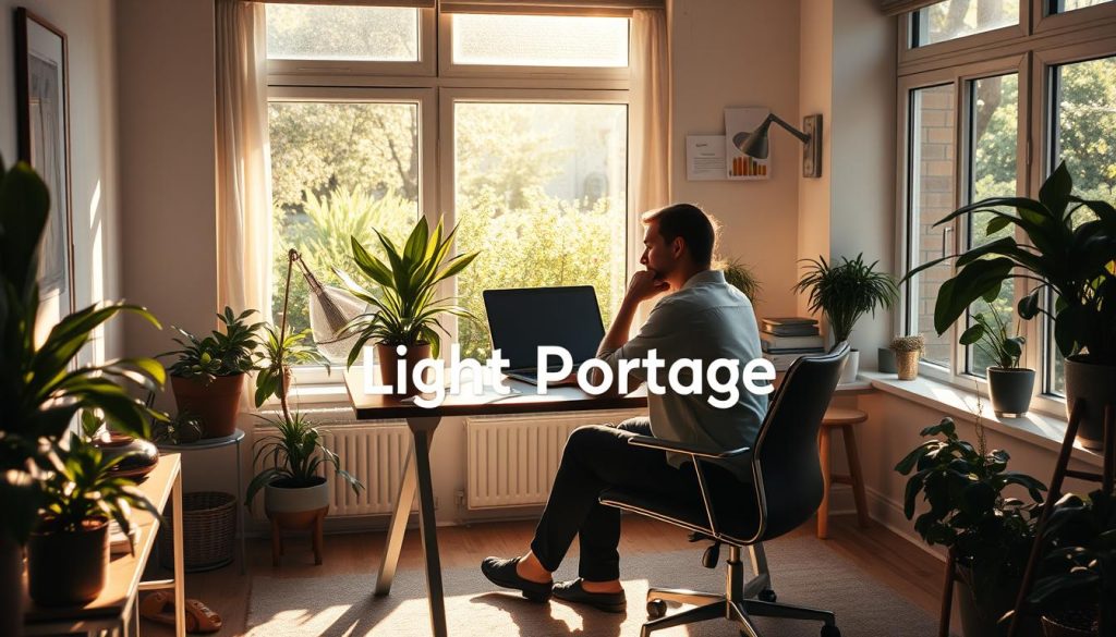 A serene, sun-dappled scene of a home office, where a freelancer sits at a neatly organized desk, deep in thought. The room is bathed in warm, natural light filtering through large windows, casting a cozy glow on the workspace. Houseplants and a minimalist decor create a calming, productive atmosphere. In the background, a glimpse of a flourishing, verdant garden suggests a harmonious work-life balance. The overall mood is one of focus, tranquility, and the empowering spirit of self-employment. The brand "Light Portage" is seamlessly integrated into the scene, reflecting the peaceful, illuminating essence of this self-employment trend.