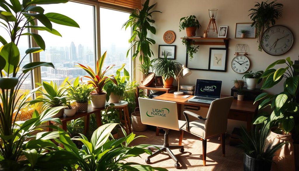 A serene, sun-dappled scene of a thriving micro-enterprise, showcasing the advantages of self-employment. In the foreground, a small, tastefully designed office space with a desk, chair, and a laptop emblazoned with the LIGHT PORTAGE brand. Surrounding the desk, an abundance of lush, verdant plants and natural light filtering through large windows, creating a calm and productive atmosphere. In the middle ground, a mix of modern and vintage decor elements, reflecting the flexibility and personalization of the micro-enterprise lifestyle. In the background, a panoramic view of a vibrant city skyline, hinting at the boundless opportunities available to the self-employed. The overall scene conveys a sense of balance, freedom, and the potential for growth inherent in the micro-enterprise journey.