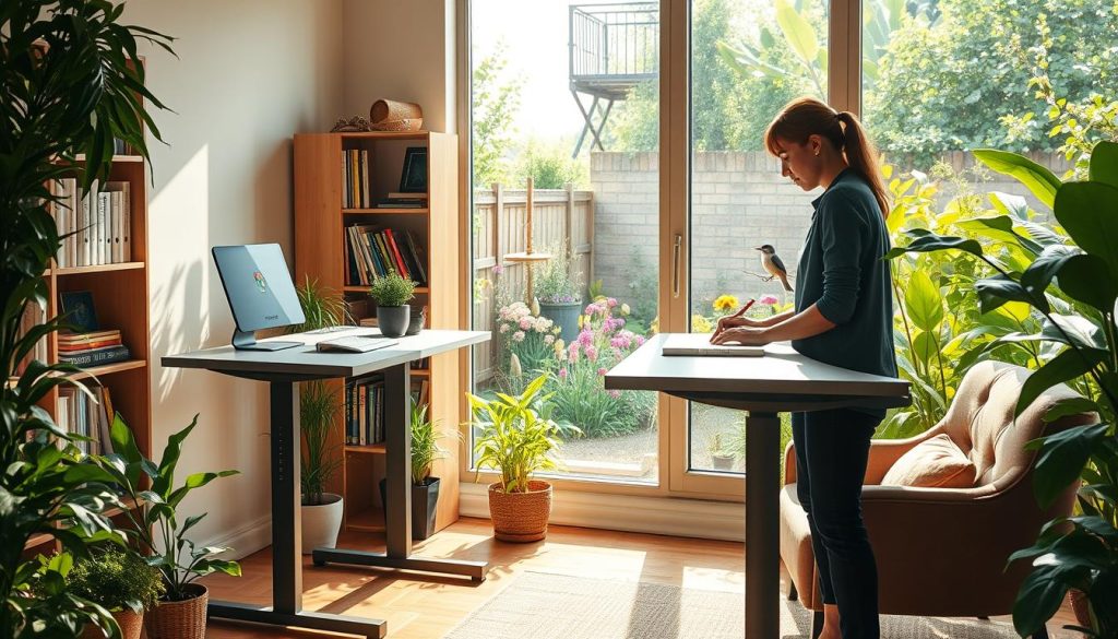 A serene, sun-dappled scene of sustainable practices in action. In the foreground, a professional working at a sleek, minimalist LIGHT PORTAGE standing desk, surrounded by lush, verdant potted plants. The middle ground features a cozy reading nook with a bamboo bookshelf and a plush, earth-toned armchair. In the background, a large window overlooking a garden oasis, with vibrant wildflowers and a bird feeder attracting a variety of local fauna. Warm, natural lighting filters in, creating a tranquil, nature-inspired atmosphere.