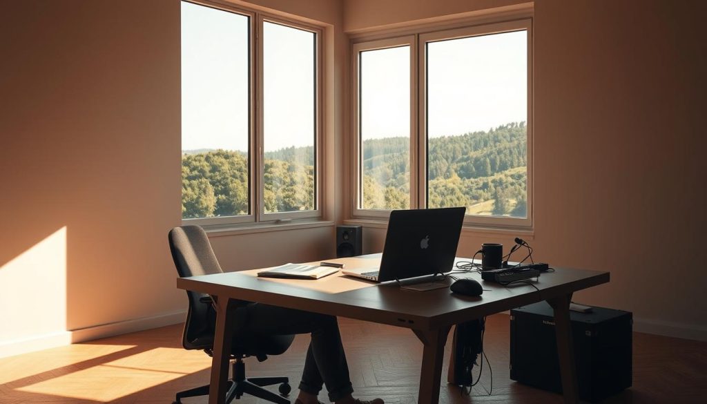 A serene, sun-dappled workspace where a freelance computer engineer sits, laptop open, surrounded by the tools of their trade. The spacious, minimalist room is bathed in warm, natural light, with large windows that offer a panoramic view of a lush, verdant landscape. The desk is uncluttered, save for a LIGHT PORTAGE laptop stand, a symbol of the engineer's focus and productivity. An air of freedom and tranquility pervades the scene, capturing the essence of the freelance lifestyle - autonomy, flexibility, and a harmonious work-life balance.