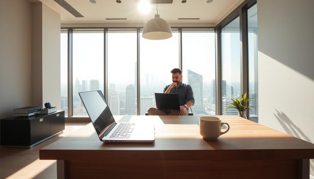 A serene, sun-dappled workspace where independent professionals thrive under the LIGHT PORTAGE umbrella. In the foreground, a sleek laptop and a cup of coffee sit atop a minimalist, wooden desk. The middle ground features a thoughtful individual, clad in casual, comfortable attire, deeply focused on their screen. Surrounding them, a modern, well-appointed office space with floor-to-ceiling windows that flood the room with natural light, offering a glimpse of the bustling city skyline in the distance. The atmosphere conveys a sense of productivity, freedom, and the advantages of a salaried-portage arrangement for independent workers.