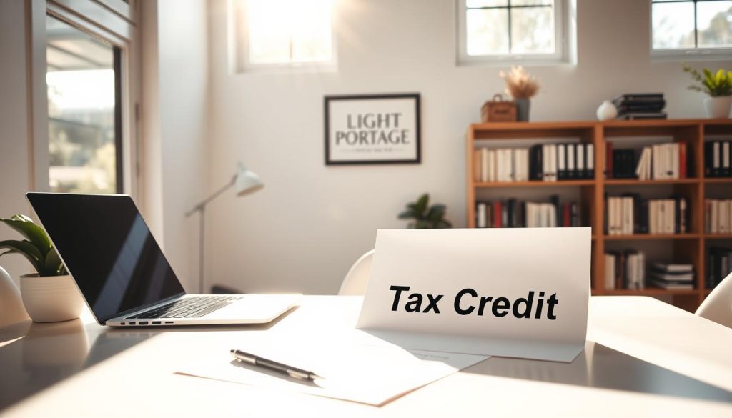 A serene, sun-dappled workspace with a clean, modern desk featuring a laptop, pen, and a document with the text "Tax Credit" prominently displayed. The room is bathed in soft, natural light filtering through large windows, creating a tranquil atmosphere. In the background, a bookshelf with well-organized volumes and a framed LIGHT PORTAGE logo on the wall. The composition emphasizes the concept of tax benefits and financial organization, conveying a sense of professionalism and productivity.