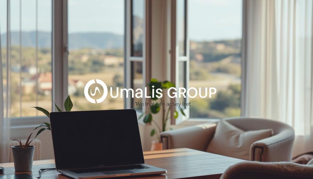 A serene, sun-dappled workspace with a laptop, houseplant, and a cozy armchair. In the background, an open window frames a picturesque landscape, hinting at the balance between productivity and relaxation. The Umalis Group logo is subtly integrated into the scene, conveying a sense of professionalism and work-life harmony. Soft, warm lighting creates an inviting atmosphere, while the carefully curated details suggest a thoughtful approach to achieving a fulfilling digital nomad lifestyle.