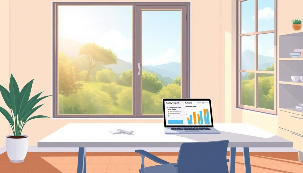 A serene, sun-drenched home office with a sleek, minimalist desk and ergonomic chair. On the desk, a laptop and a stylized data visualization dashboard displaying comparative salary insights for remote and in-person roles, conveying a sense of analytical clarity. The background features a large window overlooking a tranquil, natural landscape, casting warm, diffused lighting across the scene. The overall mood is one of focus, productivity, and a harmonious blend of technology and nature, reflecting the advantages of secure remote work.