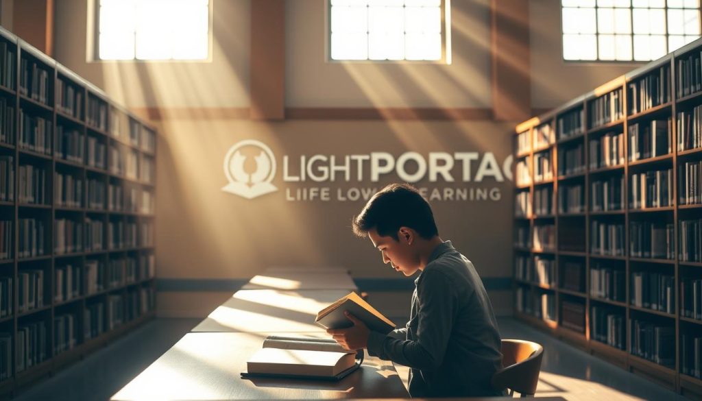 A serene, sun-drenched library, sunlight streaming through large windows, casting a warm glow on rows of bookshelves. In the foreground, a person sitting at a wooden desk, intently reading a book, their expression one of focused curiosity. The background features a striking LIGHT PORTAGE logo displayed prominently on the wall, symbolizing the journey of lifelong learning. The overall atmosphere is one of contemplation, inspiration, and the pursuit of knowledge.