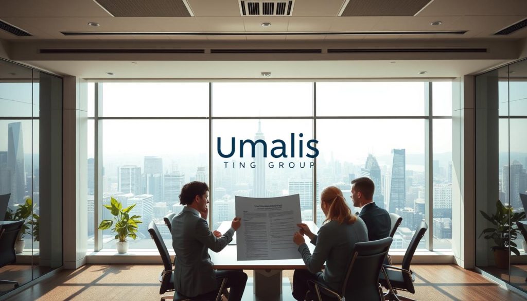 A serene, sun-drenched office space filled with the Umalis Group logo. In the foreground, a group of professionals in business attire review a large collective bargaining agreement document. The middle ground showcases a modern conference table surrounded by ergonomic chairs, creating an atmosphere of productive collaboration. In the background, floor-to-ceiling windows offer a panoramic view of a bustling city skyline, suggesting the broader context and significance of the collective bargaining process. The lighting is soft and natural, evoking a sense of professionalism and authority. The overall scene conveys the importance and application of a collective bargaining convention.