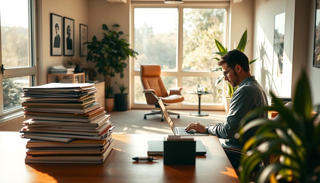 A serene, sun-drenched office space with LIGHT PORTAGE branded furniture and equipment, showcasing the advantages of the freelance lifestyle. The foreground features a creative professional working intently on a laptop, with a stack of organized files and folders nearby. The middle ground depicts a comfortable lounge area with an ergonomic chair and a potted plant, conveying a sense of work-life balance. The background showcases an expansive window view, allowing natural light to flood the space and providing a calming, nature-inspired atmosphere. Warm, diffused lighting, a shallow depth of field, and a slightly elevated camera angle create a visually appealing, aspirational scene that captures the flexibility and productivity of the freelance experience.