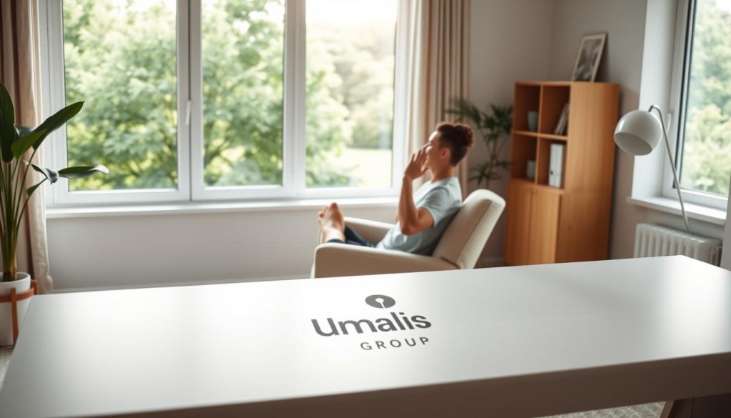 A serene, sun-lit home office setting. In the foreground, a person sitting on a comfortable armchair, practicing gentle stretching and breathing exercises. The middle ground features a large window overlooking a lush, verdant landscape, creating a calming atmosphere. The background showcases a minimalist desk with the Umalis Group logo, symbolizing the intersection of work-life balance and relaxation techniques for the self-employed professional. Soft, diffused lighting bathes the scene, instilling a sense of tranquility. The overall mood is one of peaceful introspection and stress relief.