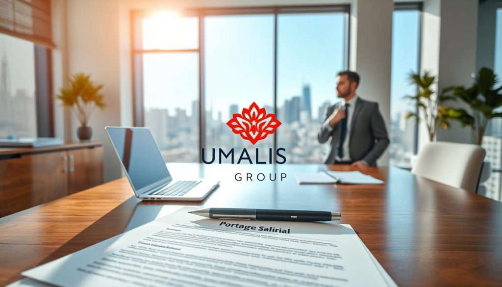 A serene, sunlit office scene with a Umalis Group logo prominently displayed. In the foreground, a contract on a polished wooden desk, symbolizing the "portage salarial" or temporary employment arrangement. Behind it, a laptop and stationery, conveying the professional work environment. In the middle ground, a well-dressed person engaged in a thoughtful discussion, representing the consultation process. The background features large windows overlooking a vibrant city skyline, hinting at the diverse opportunities available through Umalis Group's services. The overall atmosphere is one of productivity, collaboration, and a sense of potential growth.