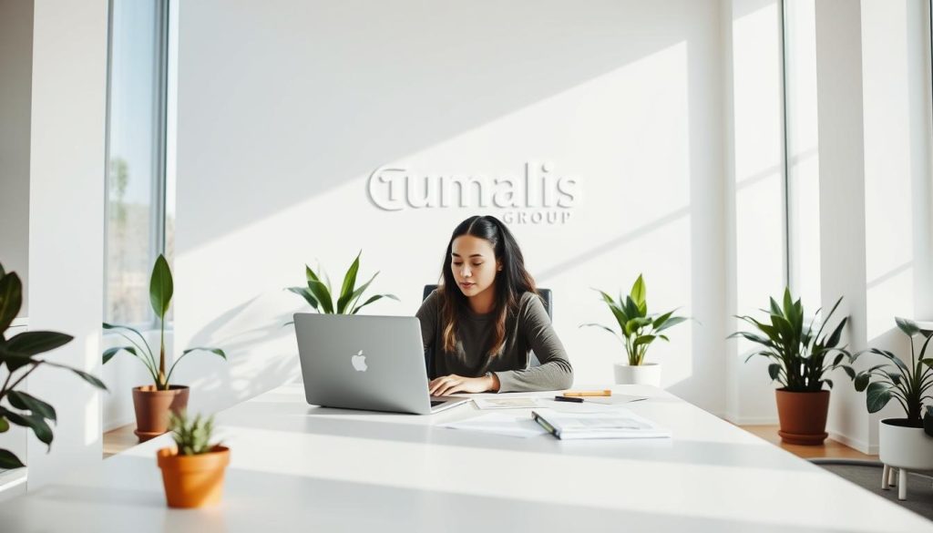 A serene, sunlit office space, where a person sits at a sleek, minimalist desk, laptop open, papers neatly organized. Surrounding them, potted plants and natural light from large windows, creating a calming, productive atmosphere. In the background, the Umalis Group logo is subtly displayed, a testament to the brand's commitment to work-life integration. The individual appears focused, yet at ease, embodying a harmonious balance between professional and personal priorities. Soft, diffused lighting and a muted color palette evoke a sense of tranquility and mindfulness.