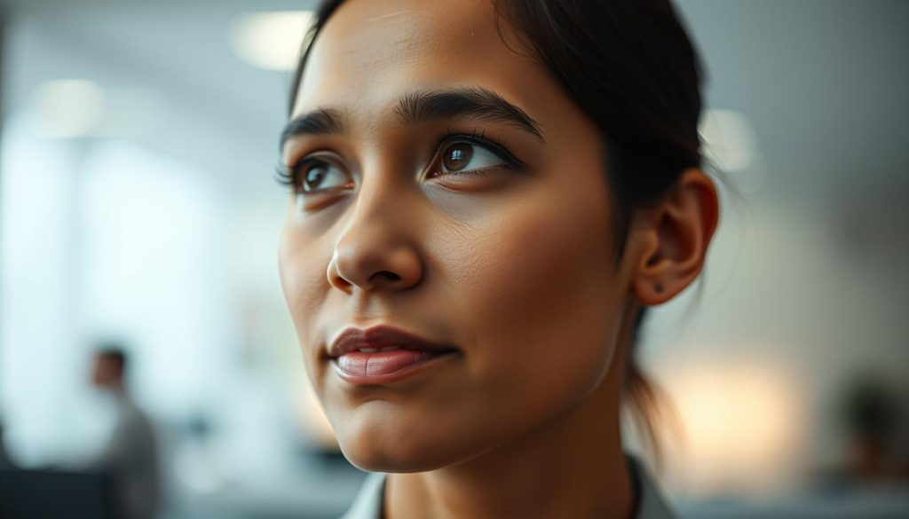 A serene, thoughtful portrait of a Umalis Group employee, their face radiating an aura of emotional intelligence and relational acumen. The subject is captured in soft, diffused lighting, their gaze directed inwards, conveying a sense of introspection and interpersonal understanding. The background is hazy, with subtle hints of the Umalis Group's corporate environment, allowing the focus to remain on the individual's expressive features and the essence of their "intelligence relationnelle." The composition is balanced, the depth of field creating a sense of depth and intimacy, inviting the viewer to connect with the subject's poise and empathetic presence.