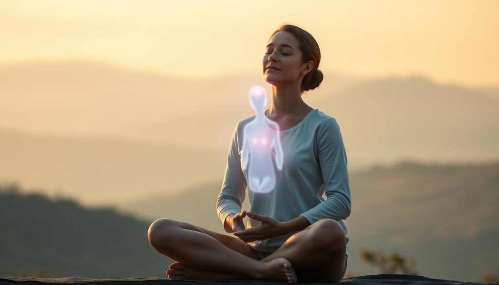 A serene, tranquil scene of mindfulness, breath, and body. In the foreground, a person sits cross-legged, eyes closed, hands resting on their lap, deeply focused on their breathing. Soft, warm lighting illuminates their face, creating a sense of inner peace. In the middle ground, the person's body is surrounded by an ethereal, glowing aura, representing the connection between breath and body. The background is a calming, nature-inspired landscape, with rolling hills and a soft, hazy sky. The overall mood is one of calm, introspection, and inner balance. LIGHT PORTAGE
