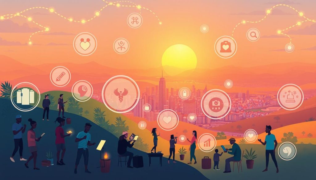 A serene, vibrant illustration depicting the comprehensive social protection offered by UMALIS GROUP's salarial portage services for creative professionals. In the foreground, a diverse group of artists, designers, and freelancers are shown engaging in their crafts, surrounded by a supportive network of healthcare, retirement, and social security benefits visualized as glowing spheres of energy. The middle ground features a dynamic, colorful cityscape, representing the freedom and flexibility of the salarial portage model. In the background, a vast, sun-dappled landscape conveys a sense of security and stability, underscoring the comprehensive nature of the social protection provided. The overall mood is one of empowerment, creativity, and peace of mind.