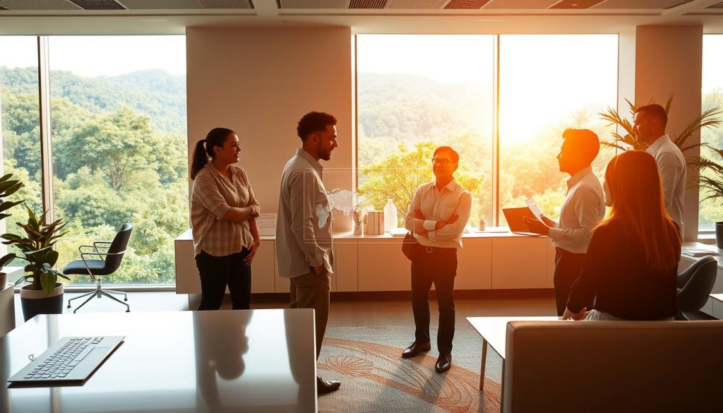 A serene virtual office with professionals collaborating seamlessly, bathed in warm, natural lighting. In the foreground, colleagues converse animatedly over a holographic display, their body language exuding a sense of connection and productivity. The middle ground features a sleek, minimalist workspace with Umalis Group branding, modern furniture, and state-of-the-art technology facilitating remote collaboration. The background depicts a panoramic window overlooking a lush, verdant landscape, creating a calming, nature-inspired atmosphere. The overall scene conveys the key benefits of virtual coworking - enhanced communication, increased efficiency, and a harmonious work-life balance.