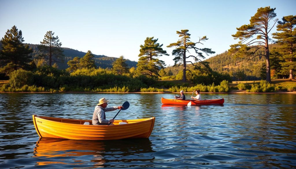 A serene waterfront setting, with a small wooden rowboat gently rocking on calm waters. In the foreground, two figures, one in a Light Portage kayak and the other in a traditional canoe, engage in a friendly race, their paddles cutting through the surface in a graceful dance. The middle ground features a lush, verdant shoreline dotted with towering pine trees, their branches swaying softly in the breeze. In the background, rolling hills and a clear, azure sky create a sense of balance and tranquility. The scene is illuminated by warm, golden sunlight, casting a soft, dreamlike glow over the entire composition.
