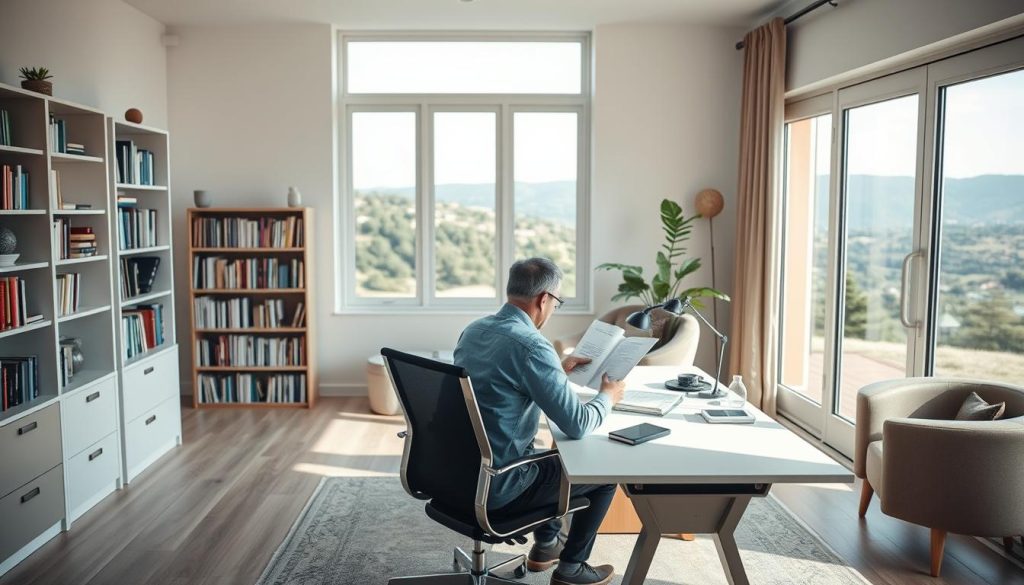 A serene, well-appointed home office with natural light filtering through large windows, conveying a sense of tranquility and focused productivity. In the foreground, a self-employed individual, possibly a Umalis Group consultant, sits at a minimalist desk, meticulously reviewing financial documents and planning their retirement strategies. The middle ground features bookshelves filled with relevant literature, a comfortable armchair, and a plant adding a touch of greenery. The background showcases a picturesque landscape, hinting at the freedom and flexibility that self-employment can provide in retirement planning. The overall scene exudes a sense of control, thoughtfulness, and the pursuit of a balanced, fulfilling post-career life.