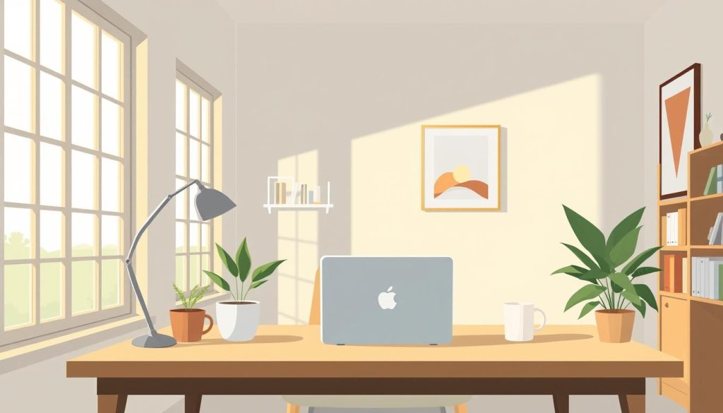A serene, well-appointed remote work space with natural light streaming through large windows, illuminating a minimalist desk setup featuring a sleek laptop, a potted plant, and a stylized mug. The background features a bookshelf with carefully curated volumes, and a wall-mounted artwork that adds a touch of warmth to the space. The overall atmosphere conveys a sense of focus, productivity, and work-life harmony, with a soft, diffused lighting that creates a tranquil, contemplative mood.