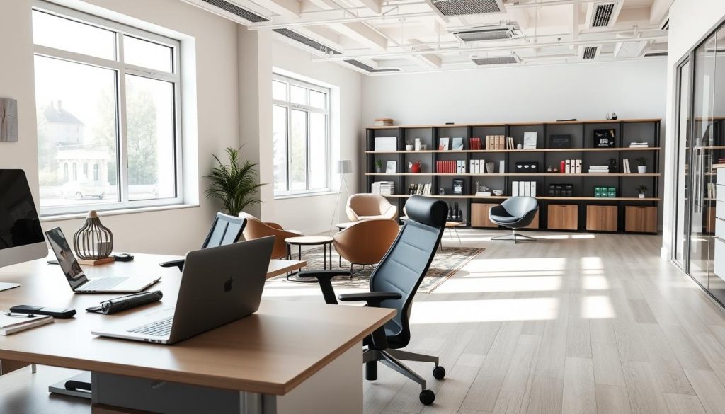 A serene, well-designed office interior showcasing the products and services of UMALIS GROUP, a leading "meilleure société portage" provider. The scene features a modern, minimalist aesthetic with clean lines, neutral colors, and natural lighting streaming through large windows. In the foreground, a sleek, ergonomic desk with a laptop and various office supplies. In the middle ground, stylish chairs and a cozy lounge area, hinting at the company's focus on employee well-being. The background reveals an impeccably organized shelving system displaying UMALIS GROUP's branding and informational materials. The overall atmosphere conveys professionalism, innovation, and a commitment to exceptional service.