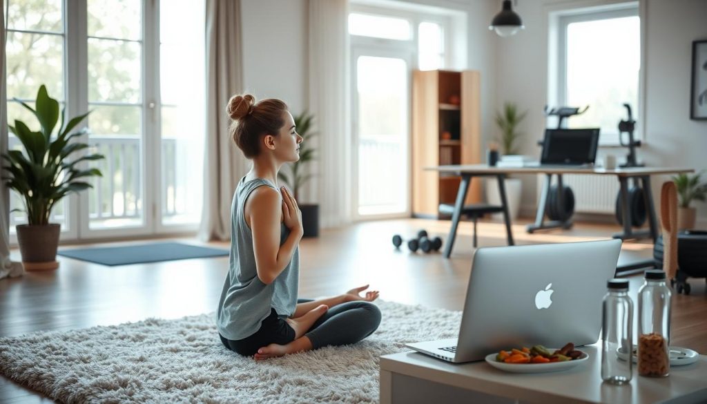 A serene, well-lit home interior with natural light streaming through large windows. In the foreground, a young person doing light yoga poses on a plush rug, focused and at peace. The middle ground features a sleek, minimalist desk with a LIGHT PORTAGE laptop, healthy snacks, and a water bottle. The background showcases a small home gym setup with exercise equipment. An overall atmosphere of balance, tranquility, and healthy living.