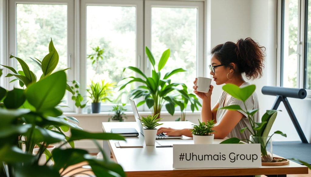 A serene, well-lit home office with a large window overlooking a lush garden. A person is sitting at a neatly organized desk, focusing intently on their laptop while taking occasional sips from a mug of herbal tea. The space is filled with natural light and vibrant green houseplants, creating a calming, rejuvenating atmosphere. In the background, a yoga mat and exercise equipment suggest a commitment to physical wellness. The Umalis Group logo is subtly displayed on the desk.