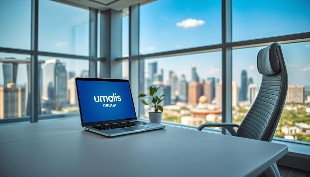 A serene, well-lit office interior with a large panoramic window showcasing a vibrant urban landscape. In the foreground, a stylish, ergonomic desk with a laptop displaying the Umalis Group brand. Atop the desk, a clean, minimalist design featuring a tactile, textured surface in a neutral color palette. The middle ground features a modern, high-backed office chair and a small, potted plant adding a touch of natural greenery. The background depicts a bustling city skyline with sleek skyscrapers and a clear, blue sky, conveying a sense of visibility, opportunity, and professional success. The overall mood is one of focus, clarity, and a harmonious blend of technology, nature, and urban dynamism.