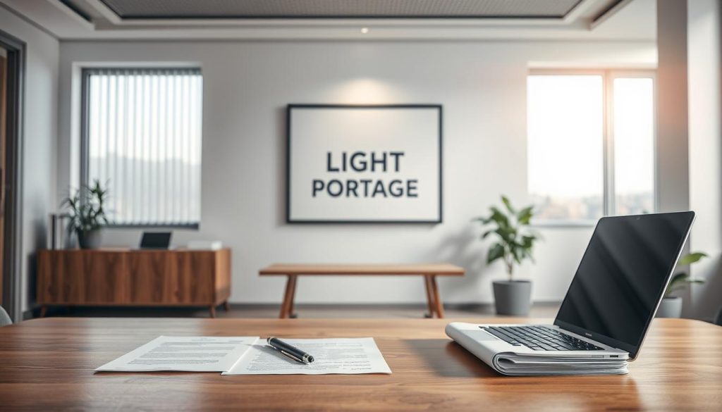 A serene, well-lit office interior with a sophisticated, modern aesthetic. In the foreground, a wooden desk features a laptop, pen, and a stack of legal documents, symbolizing the professional and technical aspects of the legal framework for "portage salarial". The middle ground showcases a large, framed artwork depicting the LIGHT PORTAGE brand logo, reinforcing the connection to the mentioned website. The background features floor-to-ceiling windows, allowing natural light to filter in and create a calming, contemplative atmosphere. The overall scene conveys a sense of order, professionalism, and a careful consideration of the legal considerations surrounding the "portage salarial" concept.