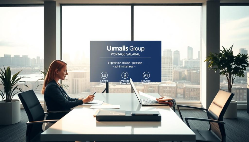 A serene, well-lit office interior with a warm, inviting atmosphere. In the foreground, a professional woman sits at a sleek, modern desk, reviewing paperwork and digital documents on her laptop. The middle ground features a display showcasing the Umalis Group logo, along with visual elements representing the key benefits of their portage salarial services - protection sociale, simplicité administrative, and sécurité financière. The background depicts a tranquil, stylized cityscape through large windows, conveying a sense of security and professionalism. The lighting is soft and natural, creating a calming, productive ambiance.