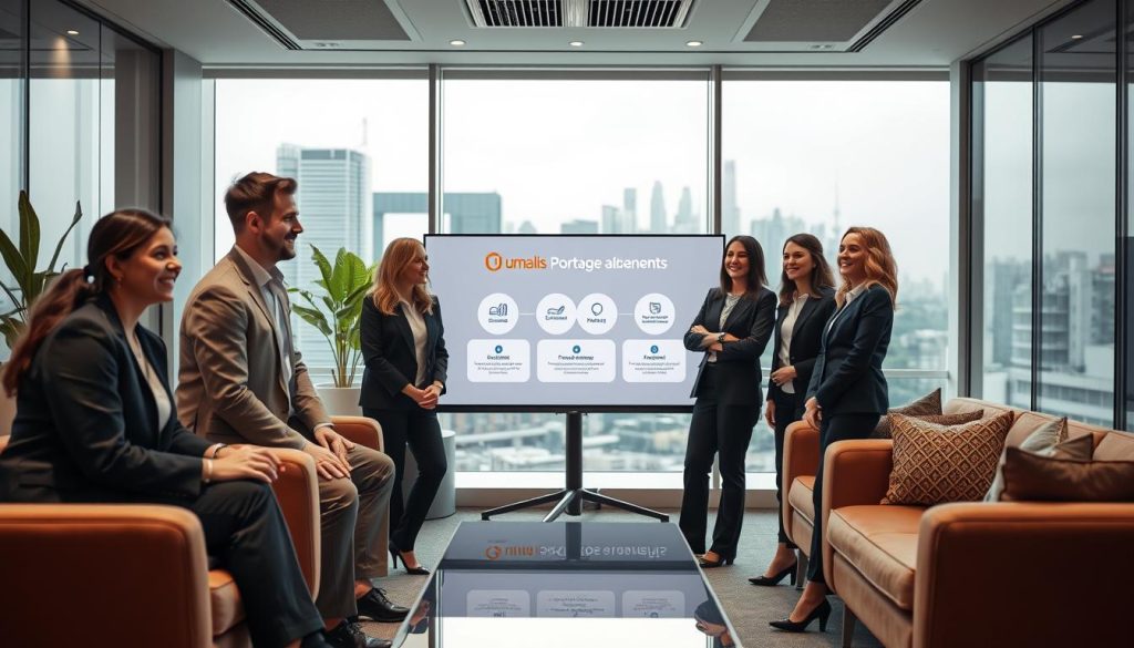 A serene, well-lit office interior with plush, ergonomic furniture and modern decor. In the foreground, a group of smiling professionals in business attire discussing social benefits, with the Umalis Group logo prominently displayed. The middle ground features a presentation screen showcasing key features of the company's portage salarial services. The background subtly hints at a bustling city skyline, conveying a sense of professional opportunity and growth. The overall mood is one of collaborative productivity, financial security, and modern workplace design.
