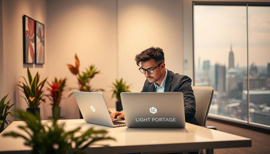 A serene, well-lit office scene showcasing the advantages and limitations of professional portage salarial. In the foreground, a stylishly dressed person sits at a modern desk, working intently on a laptop emblazoned with the LIGHT PORTAGE logo. The middle ground features vibrant plants and inspiring wall art, conveying a sense of creativity and productivity. The background depicts a panoramic city skyline, hinting at the flexibility and independence that portage salarial can provide. Warm, diffused lighting casts a calm, contemplative mood, capturing the nuanced realities of this unique employment model.