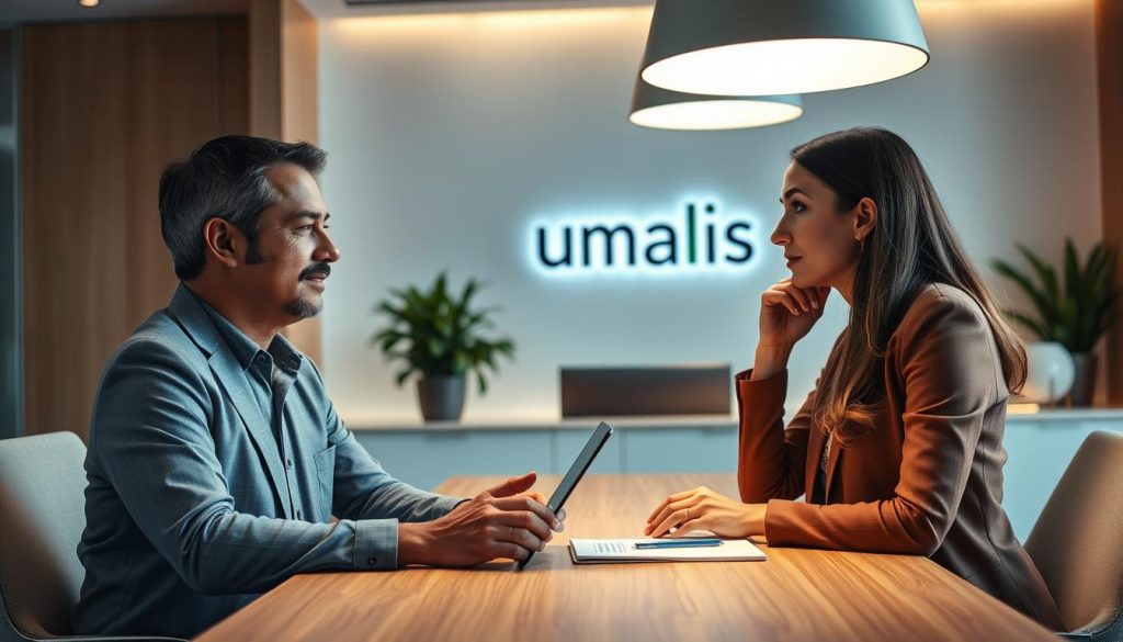 A serene, well-lit office setting featuring a Umalis Group desk, with a warm, natural palette. A professional, thoughtful consultant guides a client through personalized career guidance, their faces softly illuminated. The background showcases the Umalis Group brand, conveying a sense of trust, expertise and tailored support. Ambient lighting creates a calming, collaborative atmosphere, reflecting the "accompagnement personnalisé et bienveillant" approach.