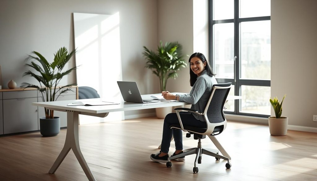 A serene, well-lit office setting showcases the advantages of Umalis Group's portage salarial freelance services. In the foreground, a smiling freelancer sits comfortably at a modern, minimalist desk, laptop open and papers neatly organized. The middle ground features an ergonomic chair, a potted plant, and a large window allowing natural light to flood the space. The background depicts a sleek, modern interior design with muted colors, creating a calming, professional atmosphere. The overall scene conveys a sense of security, freedom, and productivity - the key benefits of Umalis Group's portage salarial solution for independent professionals.