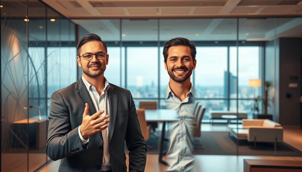 A serene, well-lit office setting showcasing the advantages of "portage salarial" for Umalis Group. In the foreground, a professional-looking individual stands, gesturing confidently. Behind them, a glass-walled conference room with an intricate, modern design. Warm, diffused lighting creates a calming atmosphere. In the background, sleek office furniture and a panoramic city view suggest a thriving, urban business environment. The overall scene conveys a sense of success, flexibility, and the rewards of the "portage salarial" model.