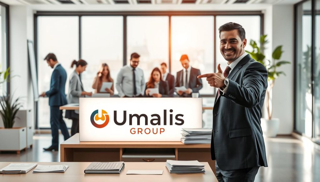 A serene, well-lit office setting with a desk, laptop, and stacks of documents. In the foreground, a professional-looking person in a suit is gesturing towards the "Umalis Group" logo prominently displayed on the desk, illustrating the benefits of the portage salarial model. The middle ground features a diverse group of individuals, each representing a different use case, engaged in various tasks. The background showcases a modern, airy workspace with large windows, evoking a sense of productivity and success. The overall atmosphere conveys a tone of professionalism, expertise, and the advantages of the portage salarial approach.