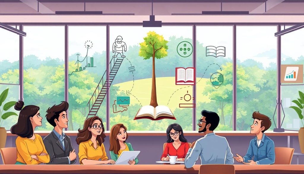 A serene, well-lit office setting with a large window overlooking a lush, verdant landscape. In the foreground, a group of diverse employees engaged in productive discussions, their faces alight with enthusiasm. The middle ground showcases a variety of visual metaphors for employee development benefits, such as a staircase representing career advancement, a tree symbolizing growth, and an open book denoting continuous learning opportunities. The background features collaborative workspaces, modern technology, and a sense of tranquility, conveying an atmosphere of professional growth and organizational support.