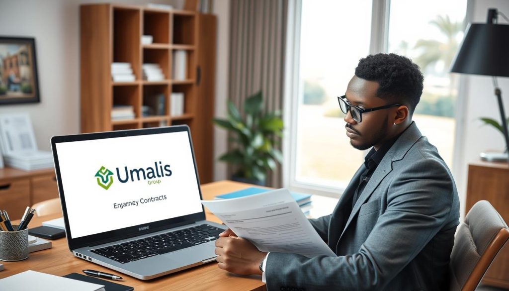 A serene, well-lit office setting with a wooden desk, a laptop, and various office supplies. In the foreground, a stylish individual reviews a contract, their face thoughtful as they consider their budget and needs. The Umalis Group logo prominently displayed on the laptop screen. In the background, a bookshelf and a window offering a glimpse of a tranquil outdoor scene, conveying a sense of balance and deliberation. The overall mood is one of focused, professional decision-making.