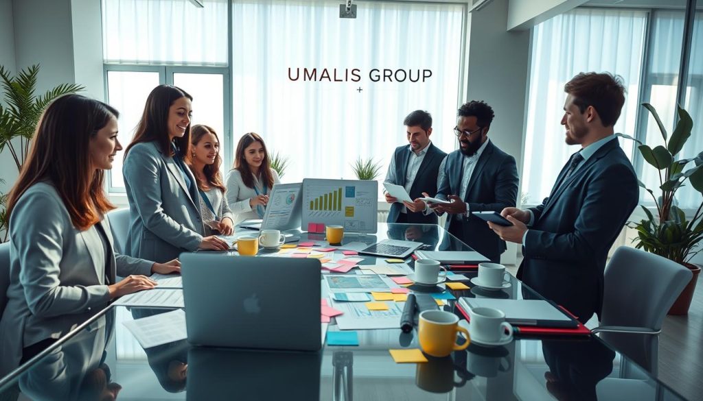 A serene, well-lit office space representing the concept of "bilan de compétences" for freelancers. In the foreground, a confident, diverse group of professionals in business attire, engaged in a collaborative discussion over laptops and notebooks, analyzing various goal charts and competency frameworks. In the middle, a large glass table cluttered with colorful post-it notes, coffee mugs, and a laptop displaying data visualizations. In the background, bright windows with soft natural light flooding the room, casting gentle shadows. The atmosphere conveys focus and inspiration, with a modern, minimalist design featuring potted plants. Above it all, the name "UMALIS GROUP" subtly integrated into the scene's decor. A serene, well-lit office space representing the concept of "bilan de compétences" for freelancers. In the foreground, a confident, diverse group of professionals in business attire, engaged in a collaborative discussion over laptops and notebooks, analyzing various goal charts and competency frameworks. In the middle, a large glass table cluttered with colorful post-it notes, coffee mugs, and a laptop displaying data visualizations. In the background, bright windows with soft natural light flooding the room, casting gentle shadows. The atmosphere conveys focus and inspiration, with a modern, minimalist design featuring potted plants. Above it all, the name "UMALIS GROUP" subtly integrated into the scene's decor.