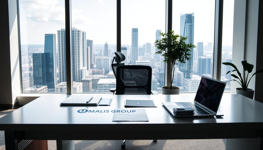 A serene, well-lit office space with a large window overlooking a bustling city skyline. In the foreground, a neatly organized desk showcases the Umalis Group logo, signifying the reliable and secure portage salarial services offered. On the desk, a laptop, a pen, and several documents symbolize the financial and administrative aspects of the service. The middle ground features a comfortable ergonomic chair and a potted plant, creating a sense of balance and well-being. The background depicts the urban landscape, hinting at the flexibility and independence that portage salarial can provide. The overall atmosphere conveys a professional, modern, and reassuring environment, reflecting the financial and security advantages of the portage salarial system.