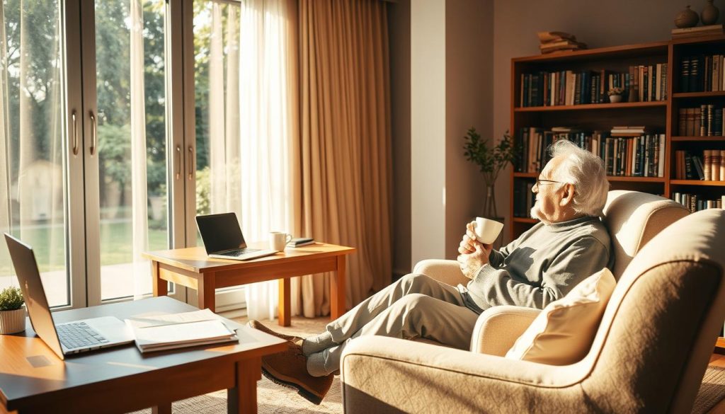 A serene, well-lit scene depicting a comfortable retirement surrounded by the security of a portable employment contract. In the foreground, a retiree lounges in a plush armchair, a cup of tea in hand, gazing out of a large window overlooking a peaceful garden. Warm, diffused sunlight filters through sheer curtains, casting a soft glow across the room. In the middle ground, a wooden desk holds papers and a laptop, symbolizing the freelancer's previous career in portable employment. The background features bookshelves filled with volumes, hinting at a lifetime of knowledge and experience. An atmosphere of contentment and financial stability pervades the scene, reflecting the security provided by the portable employment contract during the retiree's working years.