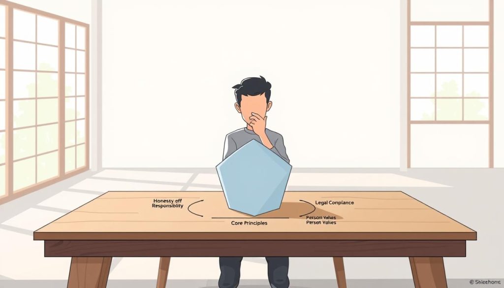A serene, well-lit scene depicting an ethical decision-making framework. In the foreground, a wooden table with a simple geometric shape representing the core principles - honesty, fairness, responsibility, and respect. Surrounding this are smaller shapes symbolizing the key considerations, such as stakeholder impact, legal compliance, and personal values. In the middle ground, a person in thoughtful contemplation, their face obscured to convey the privacy of the decision-making process. The background is a tranquil, minimalist setting, with soft natural lighting filtering through large windows, creating a sense of clarity and focus. The overall mood is one of careful deliberation, conveying the gravity and importance of ethical decision-making.