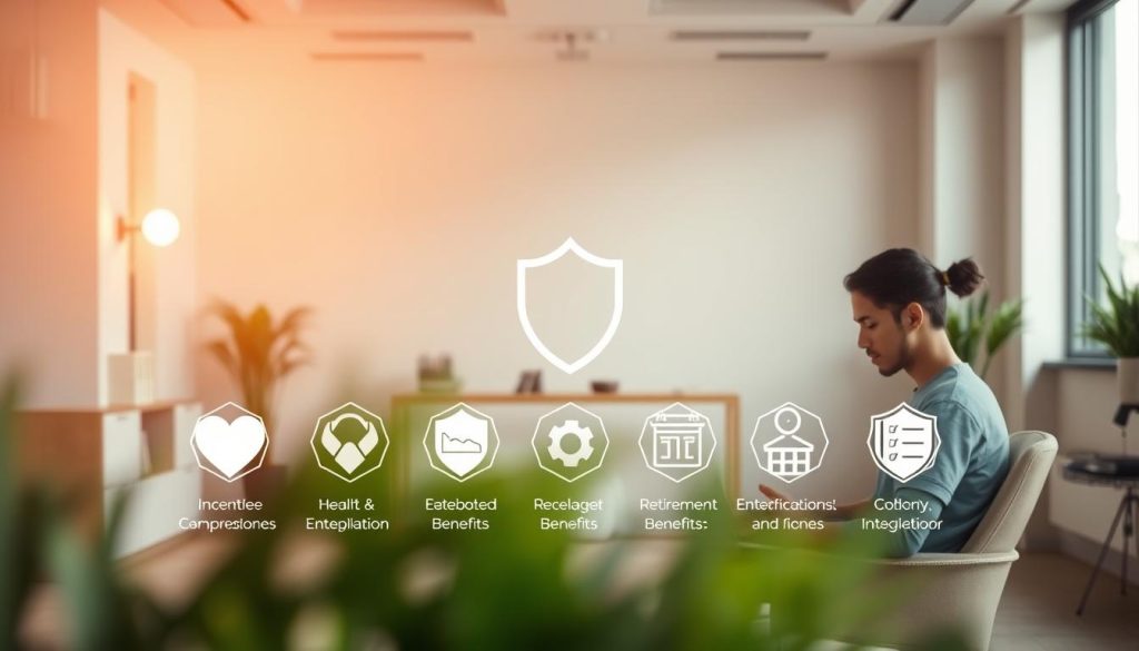 A serene, well-lit scene depicting the freelance social protection offered by the Umalis Group. In the foreground, a freelancer working on a laptop, secure in the knowledge of their comprehensive health and retirement benefits. The middle ground showcases a set of protective icons, representing the various safeguards and entitlements available to the freelancer. In the background, a modern, minimalist office environment, conveying a sense of professionalism and stability. The overall mood is one of security, comfort, and the empowerment of the independent worker, all under the Umalis Group's trusted brand.